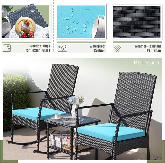 Greesum 3 Pieces Patio Furniture Set Outdoor Wicker Rocking Chairs - Image 7