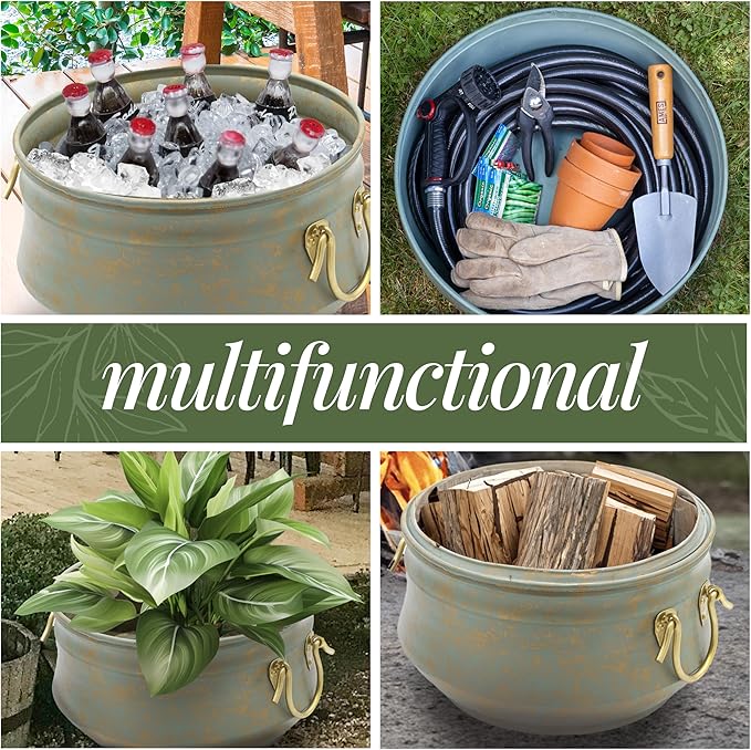 Sedona Hose Pot with Lid, Brass Accents, holds up to 100-Feet of Hose By Good - Image 3