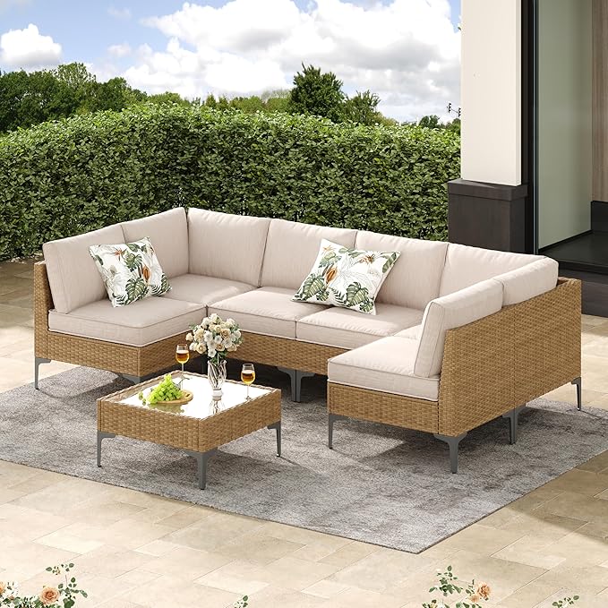 Jing's Villa 7-Piece Outdoor Patio Furniture Set, Ratten Conversation Sectional by JingsVillaOutdoorFurniture