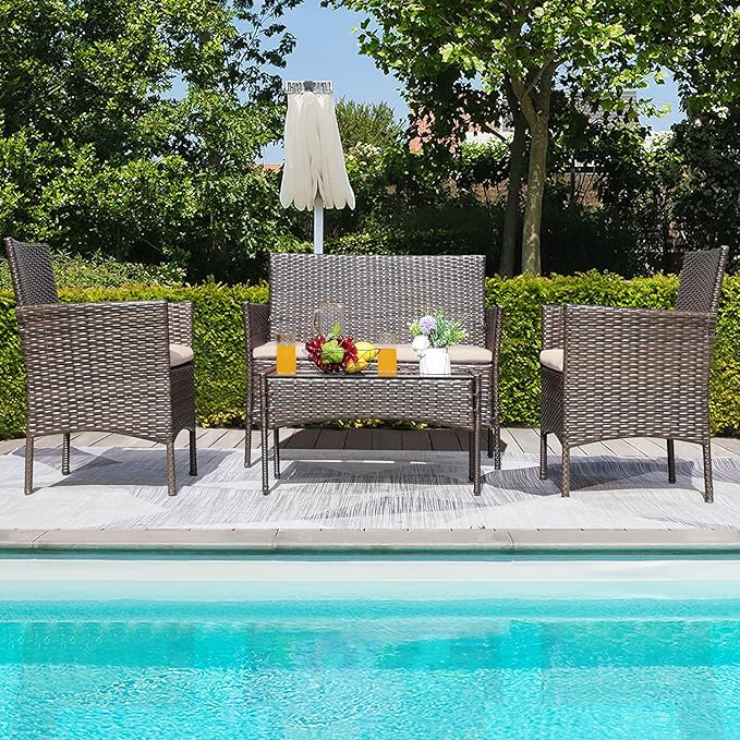 Greesum Patio Furniture 4 Pieces Conversation Sets Outdoor Wicker Rattan Chairs - Image 3