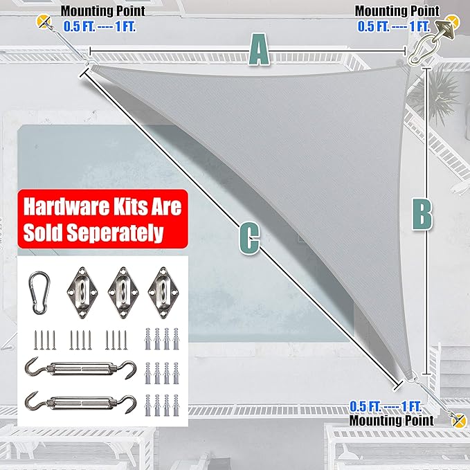 Amgo Custom Size 14' x 15' x 20.5' Gray Right Triangle Sun Shade Sail UPF50+ - Image 8