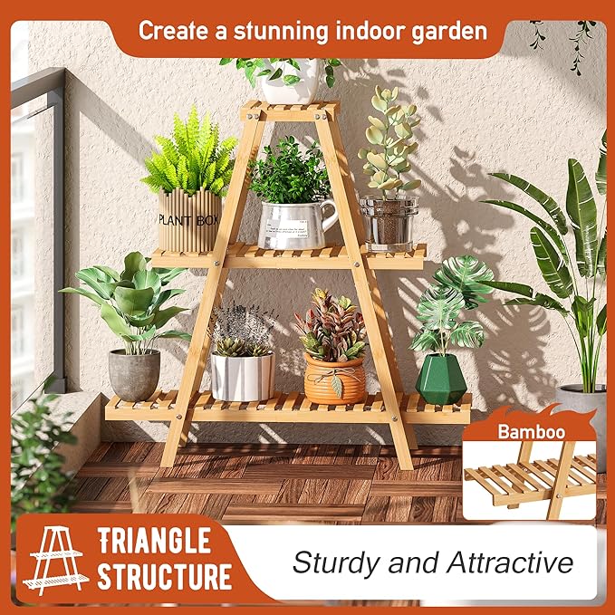 GHWIE Plant Stand Indoor Plant Shelf Outdoor bamboo Plant Rack, 3 Tiers Ladder - Image 2