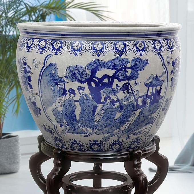 Red Lantern 14" Ladies Blue & White Porcelain Fishbowl - Image 7