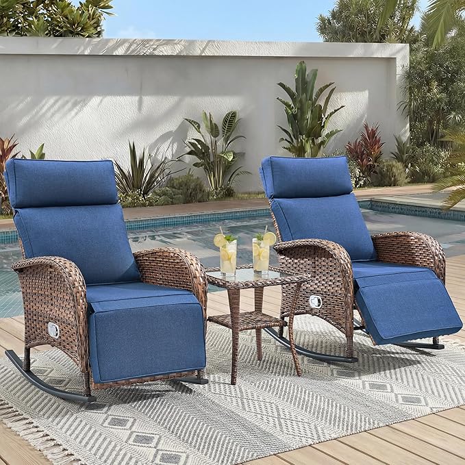 3 Pieces Zero Gravity Wicker Patio Rocking Recliner Chairs Set of 2 by JelwalyPatioFurnitureSet