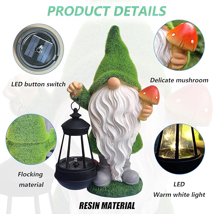 Gnomes Solar Garden Statues, Resin Gnome Figurine Decorations Holding Mushroom - Image 5
