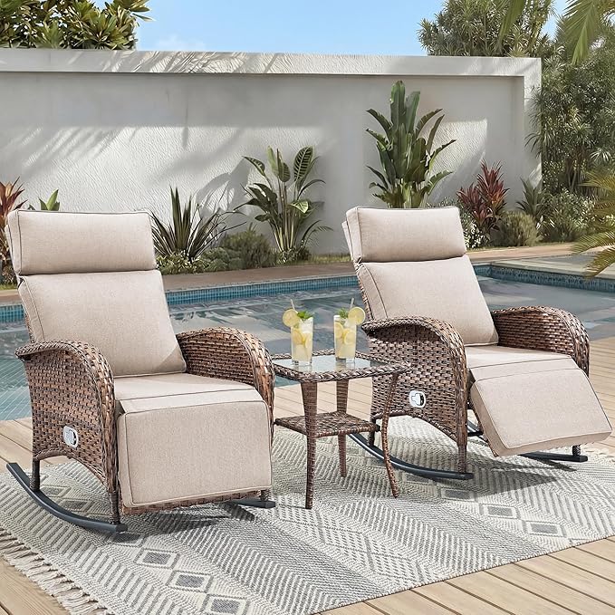3 Pieces Zero Gravity Wicker Patio Rocking Recliner Chairs Set of 2 by JelwalyPatioFurnitureSet
