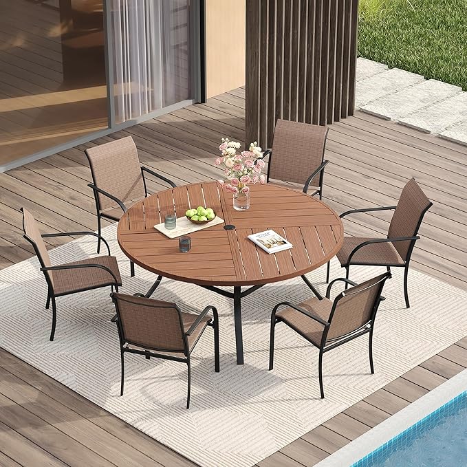 VICLLAX Patio Table and Chair Set of 6, All Weather Metal Round Outdoor Dining by HOME