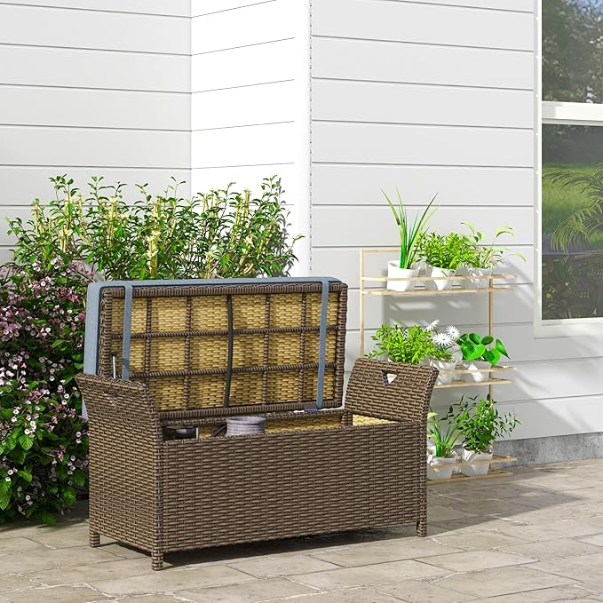 Outsunny 29 Gallon Patio Wicker Storage Bench, Outdoor PE Rattan Patio Furniture - Image 2