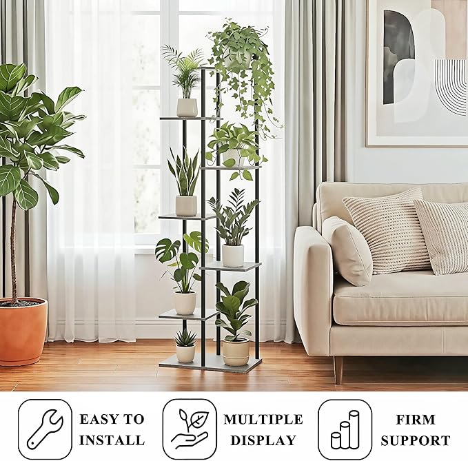 Plant Stand Indoor 7 Tier 8 Potted Metal Wood Plant Shelf, Oak Grey - Image 4