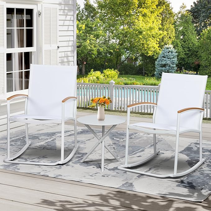 Shintenchi 3 Piece Outdoor Rocking Bistro Set, Textilene Fabric Small Patio - Image 7