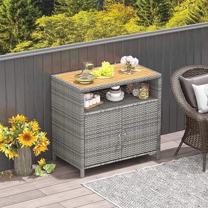 Tangkula Rattan Outdoor Storage Cabinet, Patiojoy Outdoor Cabinet - Image 2