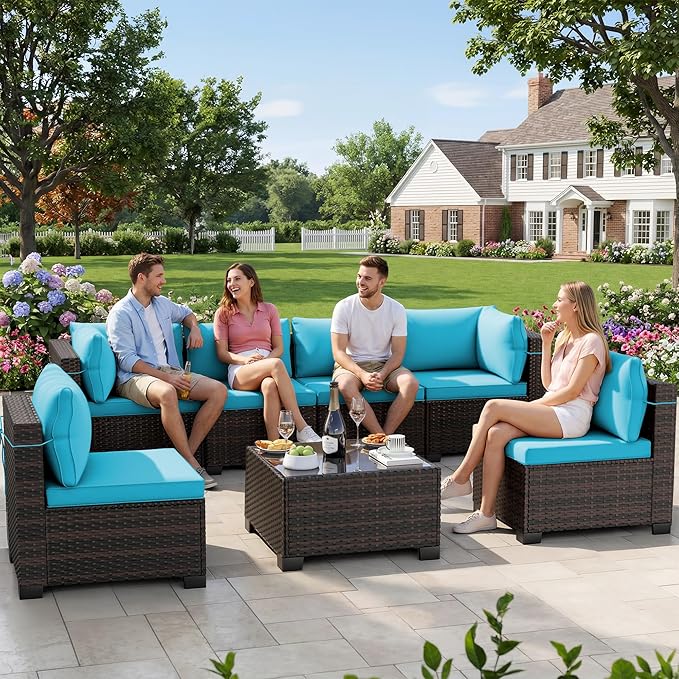 LEVELEVE 7 Pieces Outdoor Patio Furniture Sets, Rattan Conversation Sectional by Enjoyyourlife