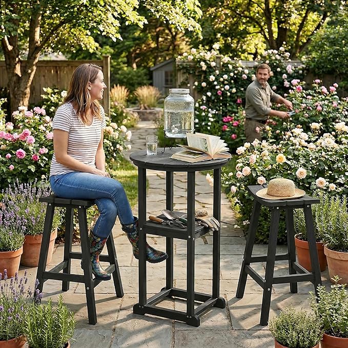 Ciokea 3 Pcs Compact Outdoor Bar Set, Space-Saving Round Bistro Set - Image 7