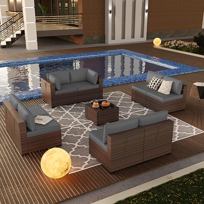 Kullavik 9 Pieces Outdoor Patio Furniture Set PE Wicker Rattan Sectional Sofa - Image 5