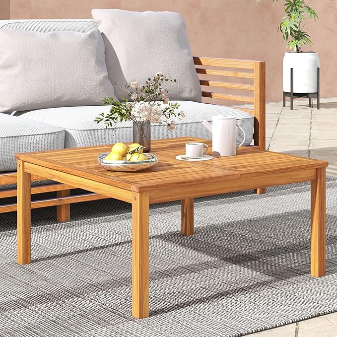 Tangkula Patio Wood Coffee Table, Solid Acacia Wood 35.5 Inches Side Table - Image 4