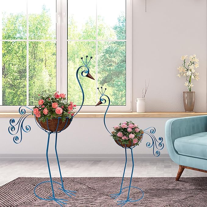 Metal Peacock Planter with Fiber Basket -Garden Bird Planters - Image 6