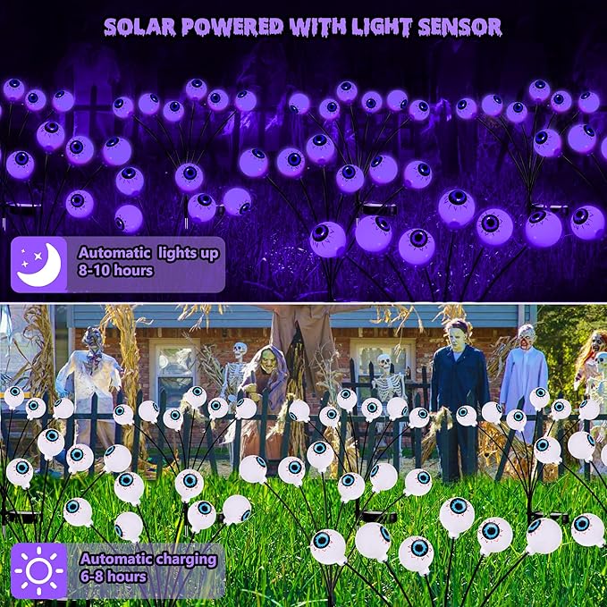 BrizLabs Halloween Eyeball Lights, 2 Pack 12 LED Solar Halloween Lights - Image 3