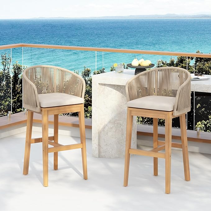 Christopher Knight Home Zax Set of 2 Patio Barstool, Acacia Wood & Rope Outdoor by ChristopherKnightHome