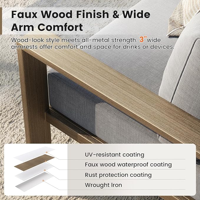 UDPATIO 6 Piece Patio Furniture Set, Faux Wood Metal Outdoor Sectional Sofa - Image 3
