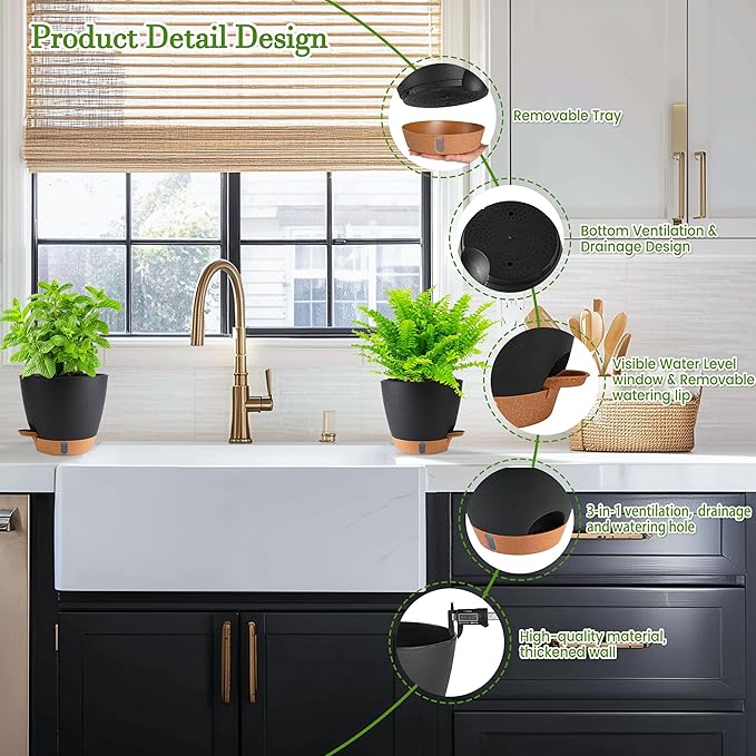 Self Watering Pots for Inoor Ourdoor Plants 10/9/8/7/6.5 Inch Plastic Planters - Image 6