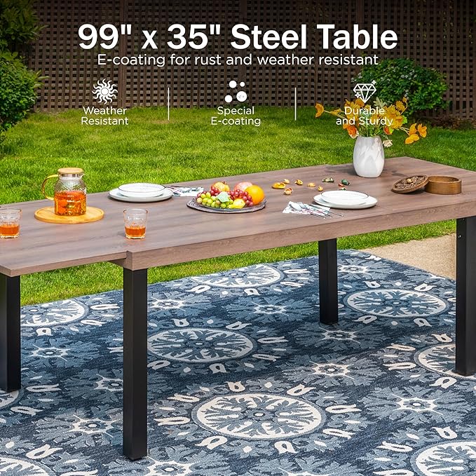 PHI VILLA Outdoor Metal Expandable Dining Table, Wood-Like Wrought Iron - Image 4