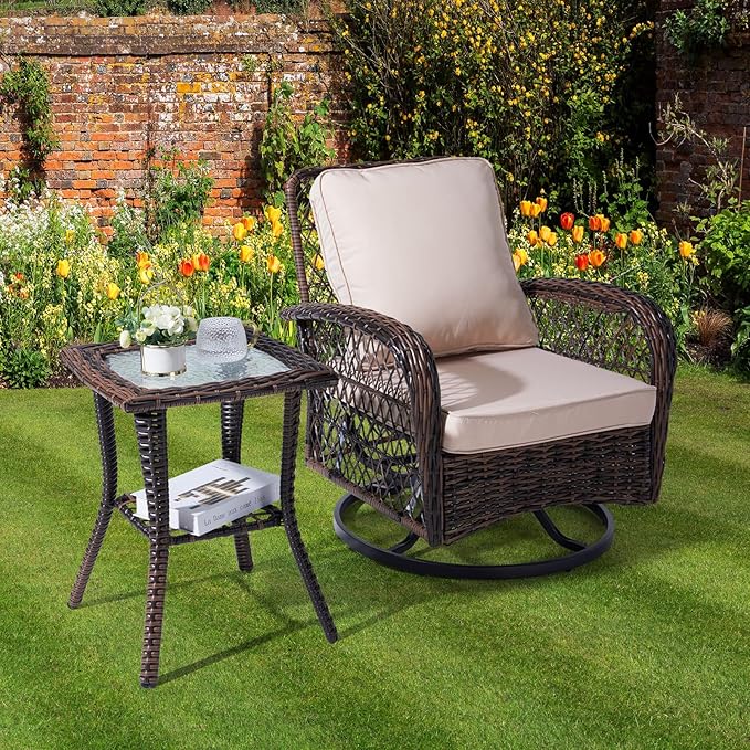 VINGLI Outdoor Side Table with Storage Wicker Patio Side Table, Tempered Glass - Image 2