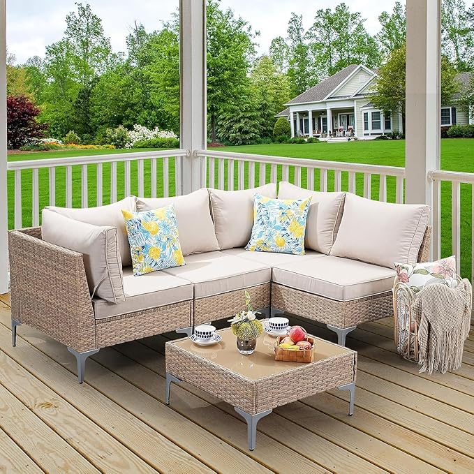 Jing's Villa 5-Piece Outdoor Patio Furniture Set, Ratten Conversation Sectional - Image 9