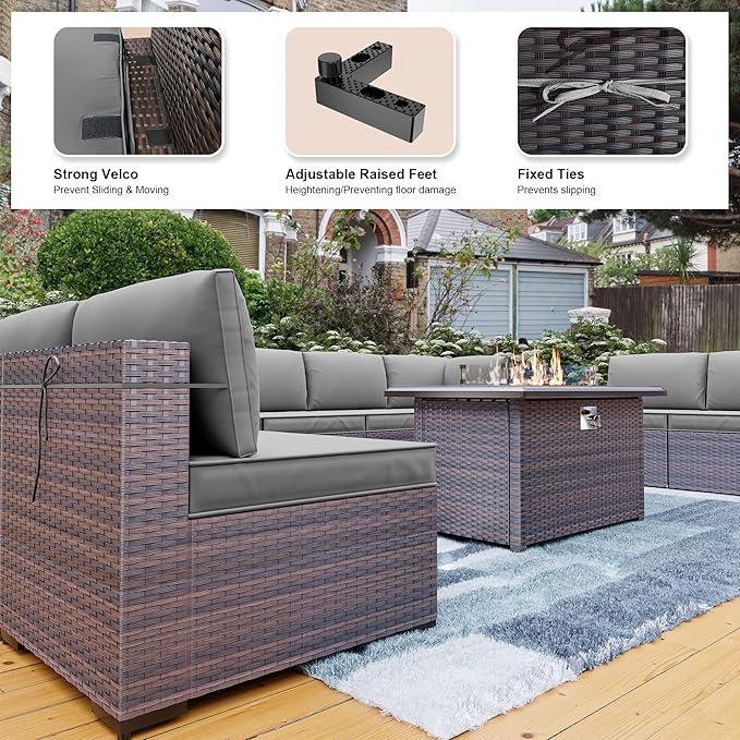 Kullavik 13 Pieces Outdoor Patio Furniture Set, PE Wicker Rattan Sectional Sofa - Image 7