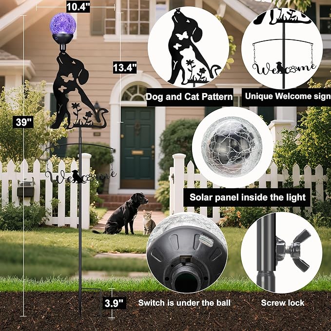 Solar Dog Light Outdoor Decorative, Metal Black Dog&Cat Silhouette Solar Garden - Image 4