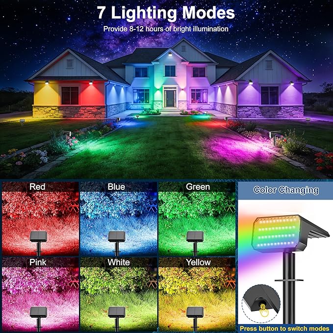 LANSOW Solar Spot Lights Outdoor Color Changing, 2 Pack/7 Modes Waterproof - Image 2