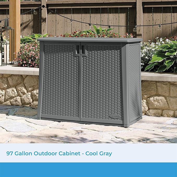 Suncast Resin Outdoor Storage Cabinet, Cool Gray Wicker Resin Outdoor Cabinet - Image 2