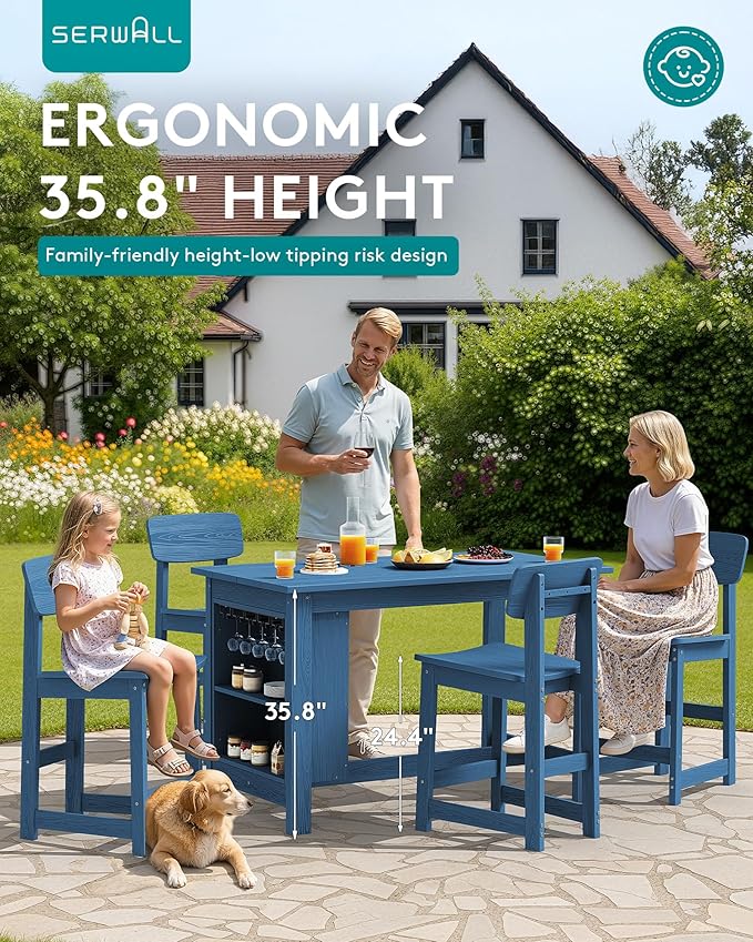 SERWALL Outdoor Bar Table and Chairs Set, 5-Piece HDPE Counter Height Patio - Image 7