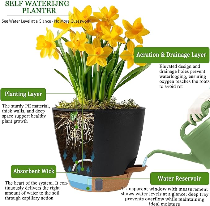 Self Watering Pots for Inoor Ourdoor Plants 8/7/6.5/6/5 Inch Plastic Planters - Image 3