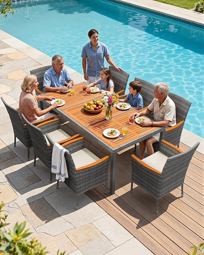 Flamaker 9 Piece Patio Dining Set Outdoor Acacia Wood Table and Chairs - Image 3