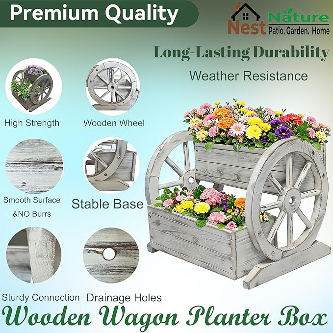 NestNature Wooden Wagon Planter Box, Raised Garden Bed, Decorative Garden - Image 7