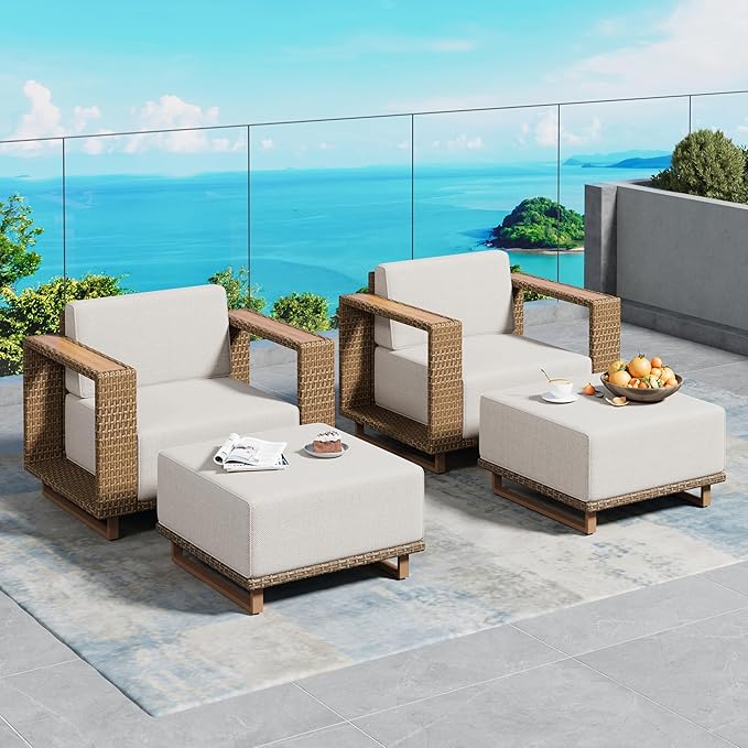 2 Pieces Patio Furniture Set, Outdoor Rattan Wicker Armchirs and Ottomans by SUNSHINEVALLEY