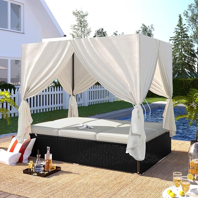 Patio Chaise Lounge, PE Rattan Outdoor Patio Wicker Sunbed Daybed - Image 6