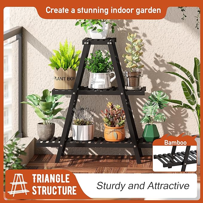 GHWIE Plant Stand Indoor Plant Shelf Outdoor bamboo Plant Rack, 3 Tiers Ladder - Image 2