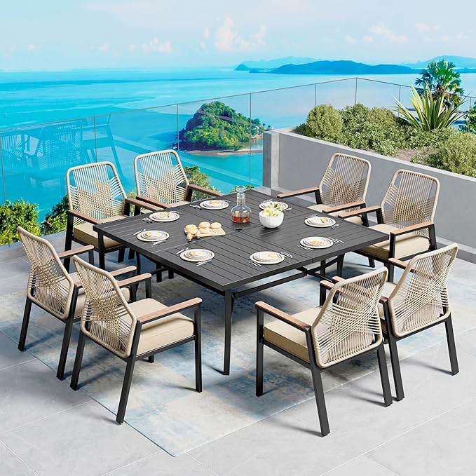 9 Pieces Patio Dining Set, 8 x Woven Rattan Chairs by SUNSHINEVALLEY