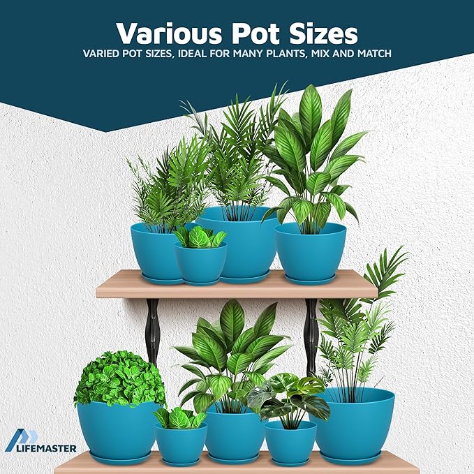 Blue Plant Pots with Drainage Holes & Saucers 5 Pack, Indoor & Outdoor - Image 4