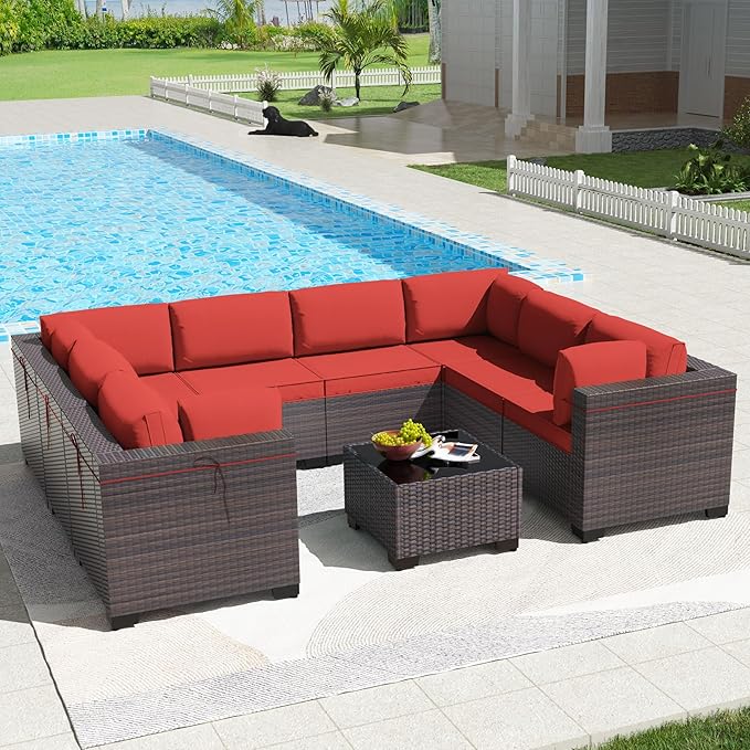 Kullavik 9 Pieces Outdoor Patio Furniture Set PE Wicker Rattan Sectional Sofa by KULLAVIK