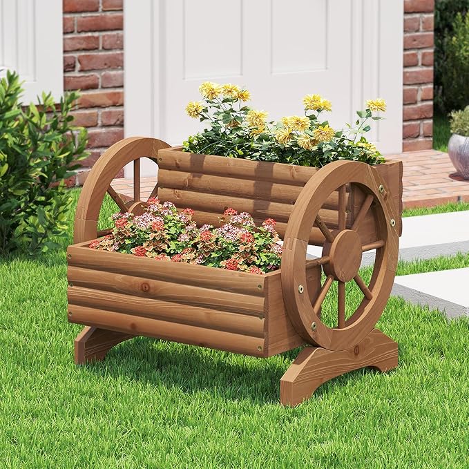 Wooden Wagon Planter Outdoor Flower Cart - Image 8