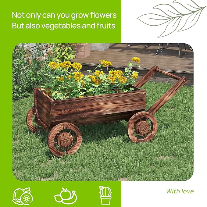 Wooden Flower Cart with Wheels Wooden Wagon Planter Outdoor Garden Planter - Image 6