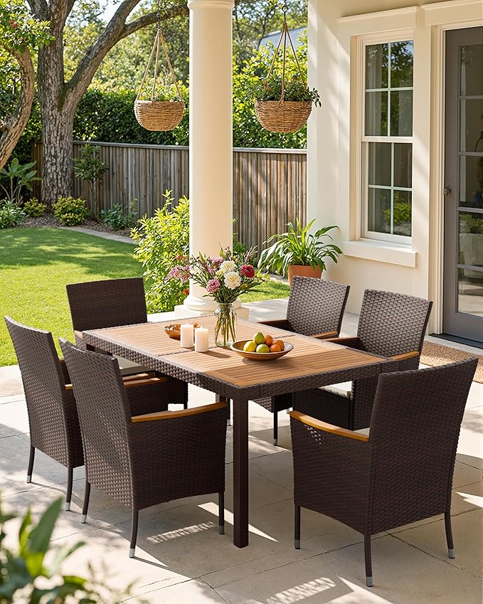 Flamaker 7 Piece Patio Dining Set Outdoor Acacia Wood Table and Chairs - Image 2