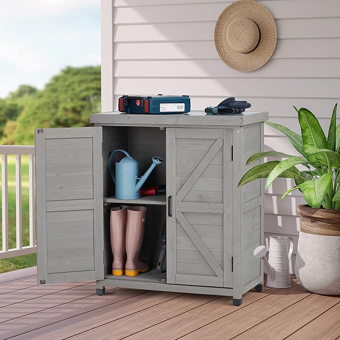 Outdoor Potting Bench with Storage Cabinet and Metal Top, Wood Workstation - Image 7
