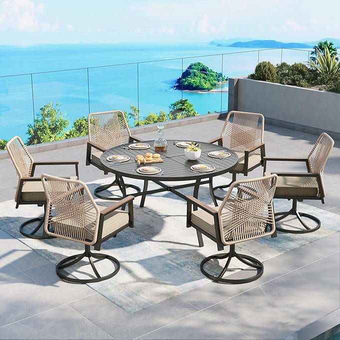 Patio Dining Set 7 Piece, 6 x Woven Rattan Swivel Chairs by SUNSHINEVALLEY