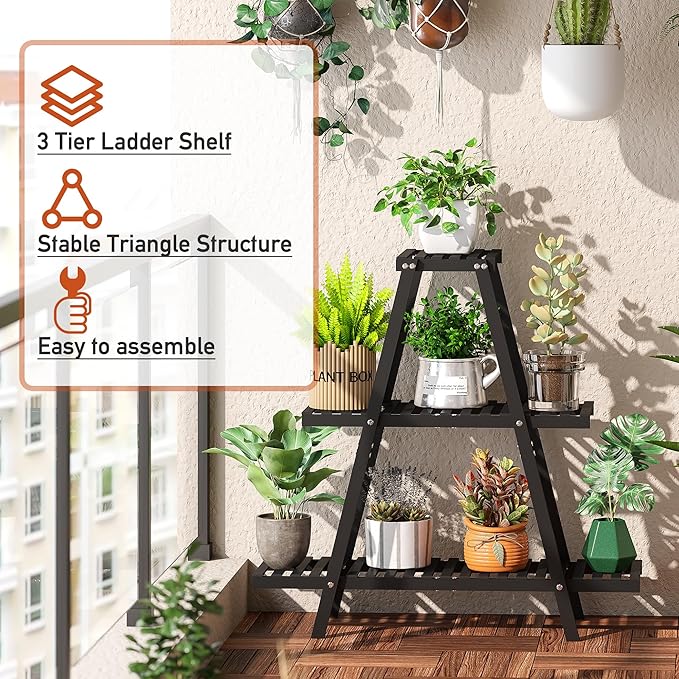 GHWIE Plant Stand Indoor Plant Shelf Outdoor bamboo Plant Rack, 3 Tiers Ladder - Image 4