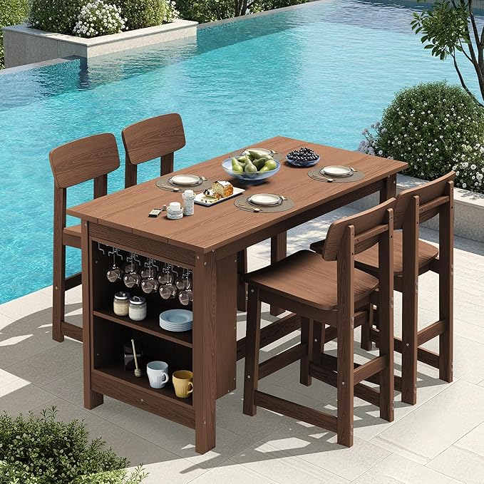 SERWALL Outdoor Bar Table and Chairs Set, 5-Piece HDPE Counter Height Patio by SERWALL