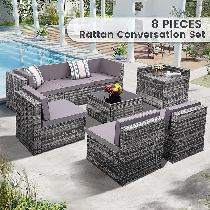 8-Piece Patio Furniture Set, Outdoor Wicker Rattan Sectional - Image 2