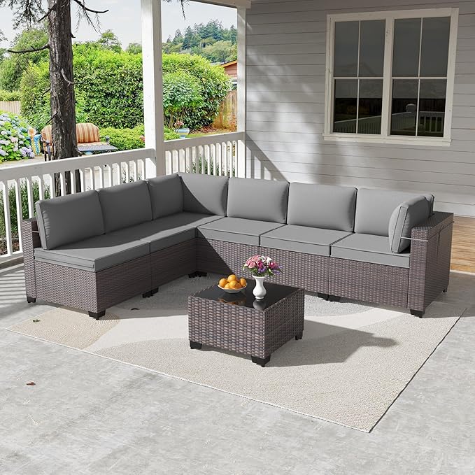 Kullavik 7 Pieces Outdoor Patio Furniture Set PE Wicker Rattan Sectional Sofa - Image 7